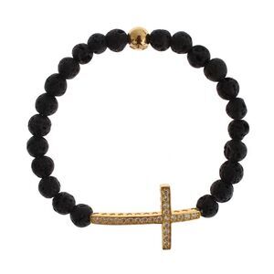 Nialaya Lava Stone Gold Clear CZ Cross 925 Silver Women's Bracelet